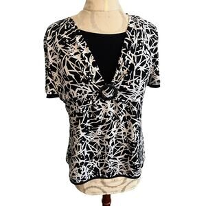 JM Collection Abstract Black & White Blouse Petite Medium